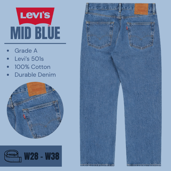 Levi's 501 jeans straight leg - Mid Blue - Grade A - From W28 To W38